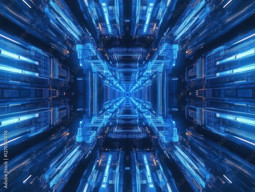Poster abstract glowing blue digital tunnel with geometric patterns