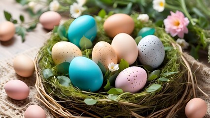 Obraz premium Easter décor with vibrant eggs nestled in a comfortable nest. Nestled in soft straw and encircled by green leaves on a textured blanket, an Easter decorative nest showcases vibrant eggs with floral de