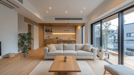 Minimalist Japanese interior design of a modern living room in calm beige tones, Japanese beautiful apartment interior with large windows.