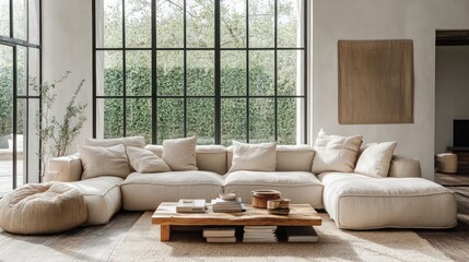 Minimalist Japanese interior design of a modern living room in calm beige tones, Japanese beautiful apartment interior with large windows.