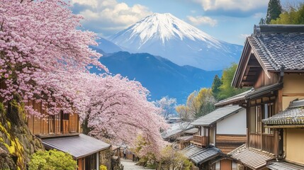 a quaint Japanese village adorned with blooming cherry blossom trees, vibrant and serene