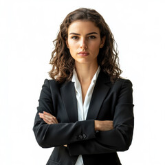 Confident young woman in formal attire with crossed arms in a professional setting