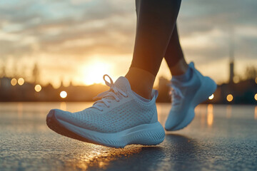 Naklejka premium Running at sunset on a peaceful urban waterfront while showcasing athletic footwear and beautiful skyline
