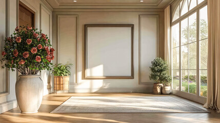 A large white frame with a red rose tree in the background. The room is empty and has a minimalist design.