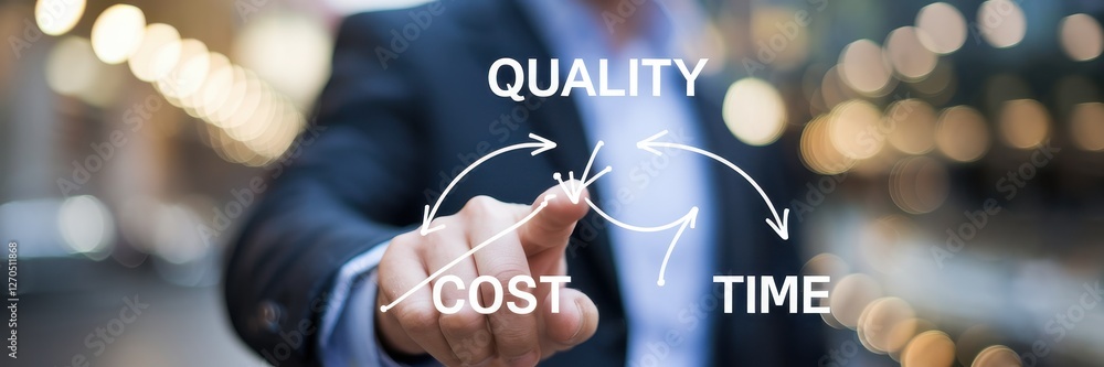 Poster businessman uses interactive display to adjust quality cost and time