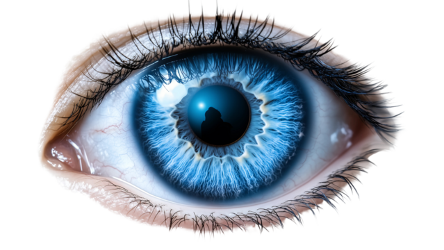 a close-up shot of a vibrant blue eye with detailed textures, capturing its depth and gaze