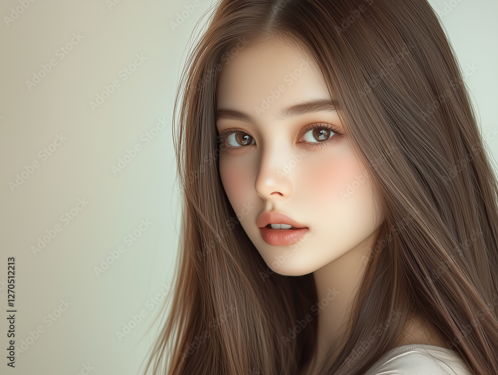 Poster 長い髪が美しい若くて可愛いアジア人女性モデル。美容・ヘアケアのイメージ撮影。