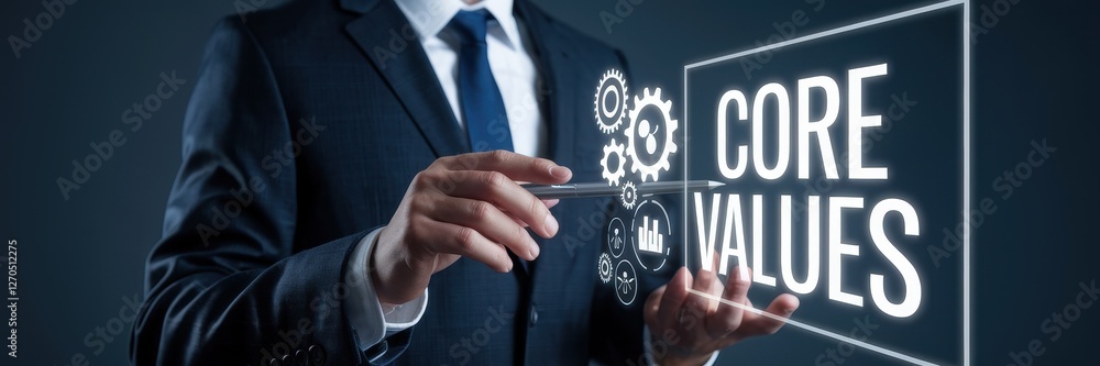 Aufkleber businessman emphasizing core values with graphical elements and modern display