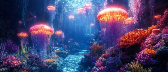Naklejka premium magical underwater kingdom where glowing jellyfish light coral palaces, and mermaids gather in vibrant coral gardens, Generative AI