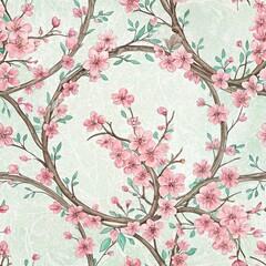 Fototapeta premium Seamless pattern, patern, watercolor, seamless pattern with circular blooming sakura branches in delicate tones, spring decorative pattern with delicate buds, botanical style