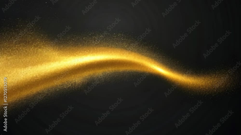 Poster gold sparkle and glitter dust effect on dark background with flowing wave of shimmering light partic