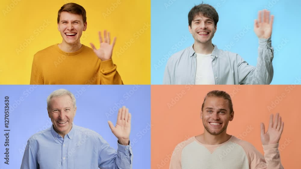 Poster a cheerful and diverse assortment of individuals is captured waving hello with smiles. this vibrant 