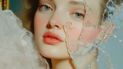 Close-Up Portrait of Woman with Glass Art Enhances Her Delicate Beauty