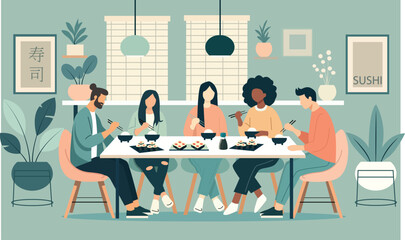 Stylish illustration of a group of friends enjoying sushi in a cozy restaurant. A modern minimalist design with soft tones creates a warm dining atmosphere.