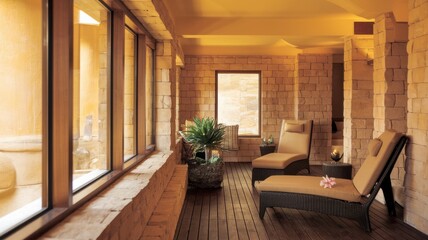 Luxurious relaxing spa room with stone walls and lounge chairs