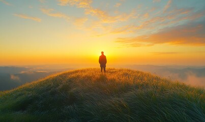 serene sunrise over a grassy hill where dew glistens on the blades of grass and a lone figure watches the horizon, Generative AI