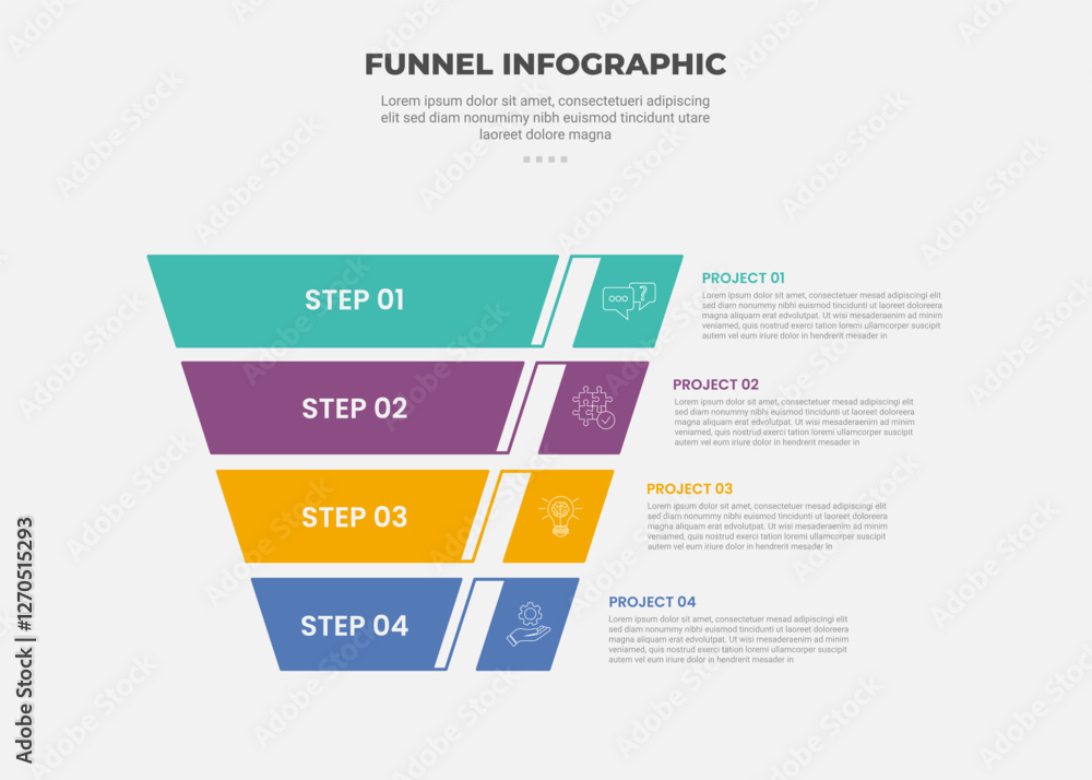 Poster funnel base shape infographic outline style with 4 point template with reverse pyramid and line conn