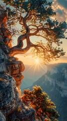 Obraz premium Retro sunset and old trees illustration poster background