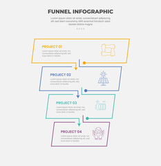 funnel base shape infographic outline style with 4 point template with rectangle box with arrow bottom direction for slide presentation