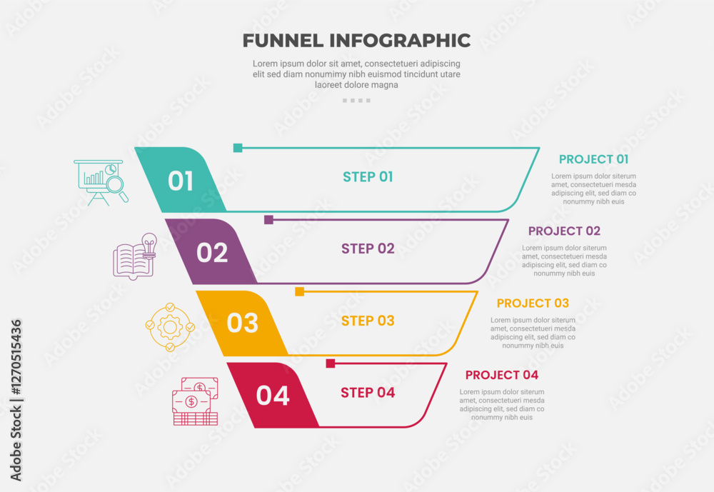 Aufkleber funnel base shape infographic outline style with 4 point template with creative reverse pyramid with