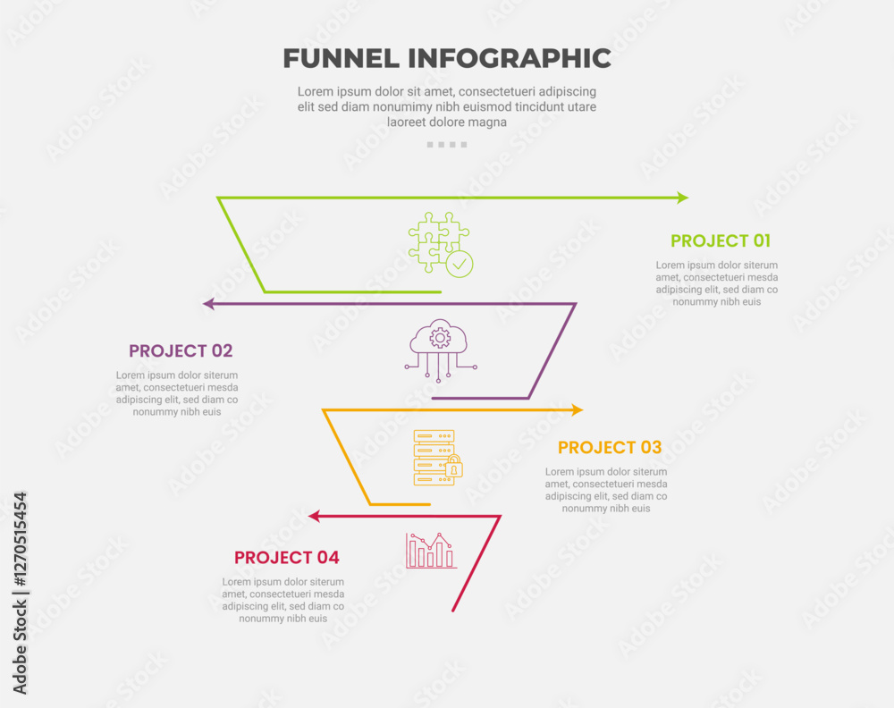 Poster funnel base shape infographic outline style with 4 point template with creative reverse pyramid with