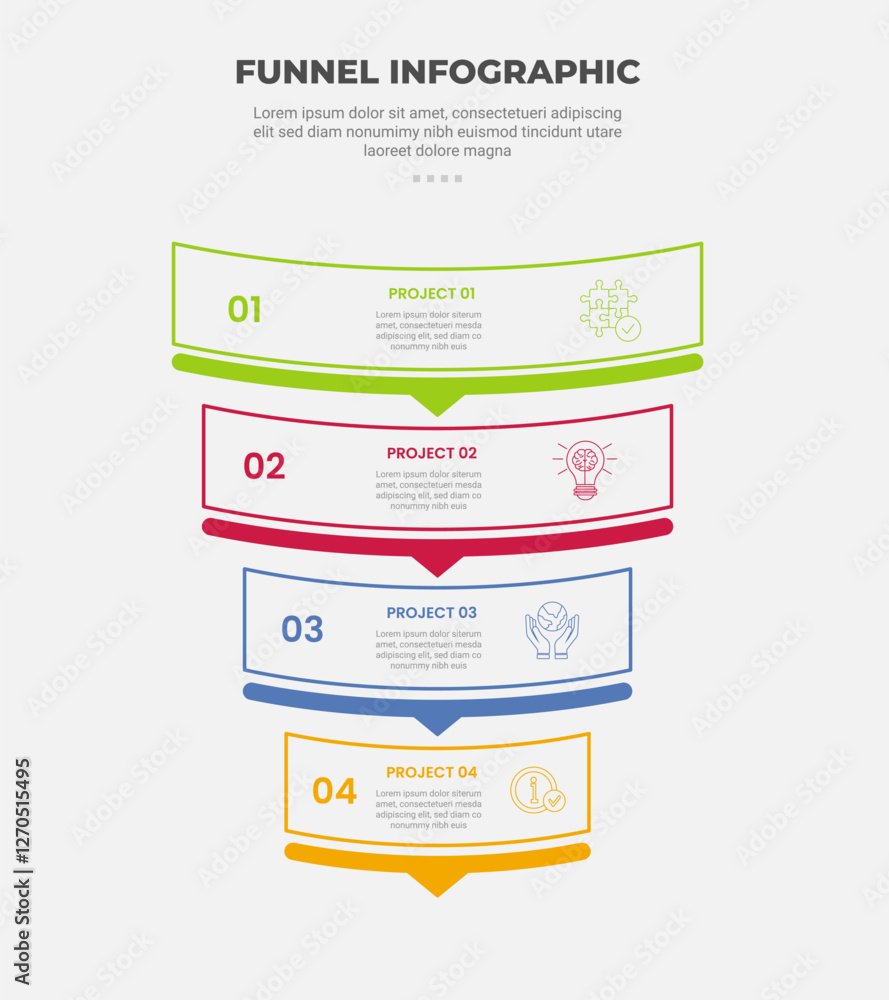 Aufkleber funnel base shape infographic outline style with 4 point template with round rectangle structure wit