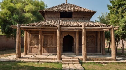 A historical depiction of a small mosque from the ancient era, featuring wooden pillars and a rustic, rough roof. The architecture evokes a sense of tradition and cultural heritage.