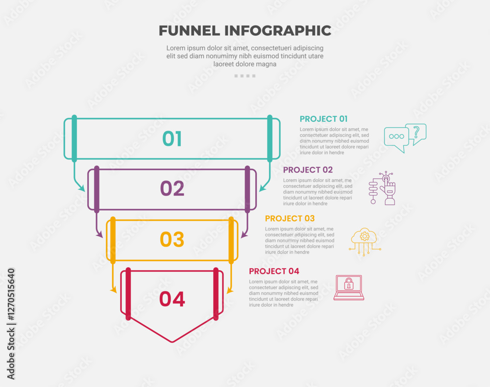 Poster funnel base shape infographic outline style with 4 point template with round rectangle line connecti