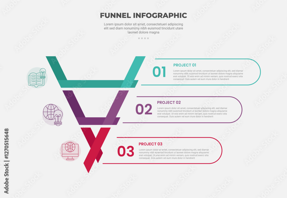 Aufkleber funnel base shape infographic outline style with 3 point template with shape shadow ribbon structure