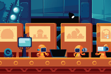 Cartoon monsters operating a futuristic digital marketing assembly line, producing online ads and content.  Show vibrant colors and humorous expressions.