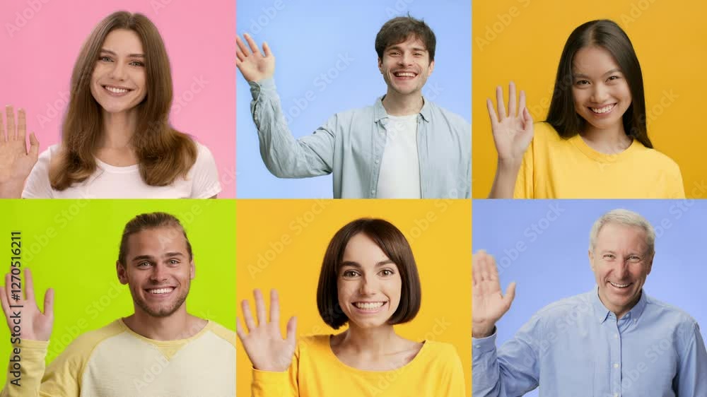 Poster a joyful collection of individuals from different backgrounds waves and smiles, expressing positive 