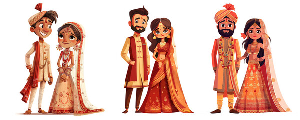 pack of cute indian bride groom couple character png on transparent background