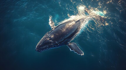 Majestic Humpback Whale Swimming Gracefully in a Serene Ocean illuminated by golden sunlight