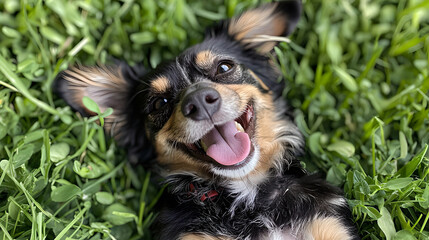 A happy dog, likely a mixed breed, with a mix of black and tan fur, is lying in a field of vibrant green grass.