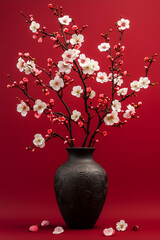 Elegant black vase with cherry blossoms on deep red background symbolizing beauty and nature in traditional style