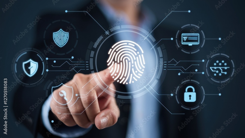 Poster man touches digital fingerprint surrounded by security and network icons