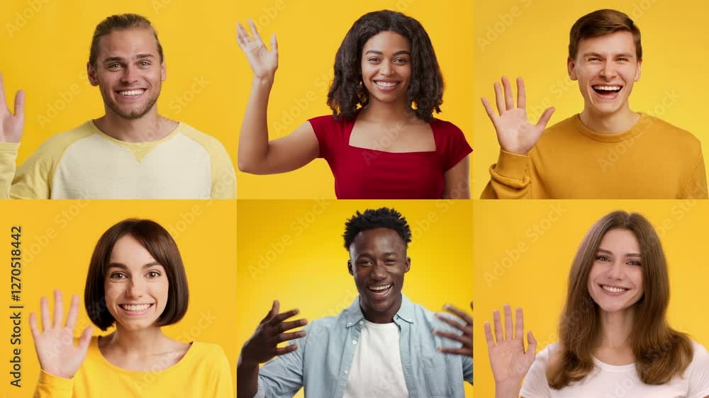 Poster Group of smiling individuals from various backgrounds enthusiastically wave hello in a cheerful setting with a vibrant yellow backdrop, radiating positive energy and warmth.