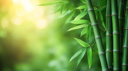 Naklejka premium A close-up of bamboo stalks with vibrant green leaves against a soft, blurred background.