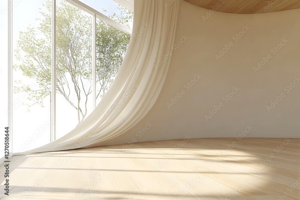 Poster sunlight streams through curved window, illuminating empty room with flowing curtain