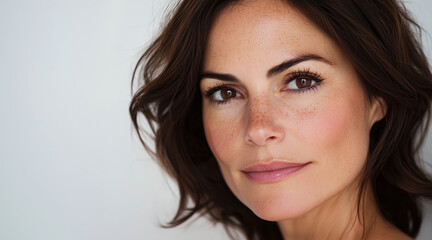 Naklejka premium Beautiful 39 year old woman with perfect skin, brown eyes, moist skin, isolated on a white background with bright natural lighting. Soft smile. Aesthetically pleasing, natural pose. Beauty and skin 