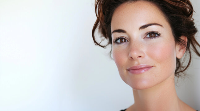 Beautiful 39 year old woman with perfect skin, brown eyes, moist skin, isolated on a white background with bright natural lighting. Soft smile. Aesthetically pleasing, natural pose. Beauty and skin 