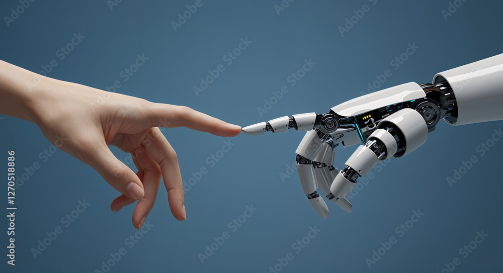 Poster robot hand touching human finger on dark background . generative ai