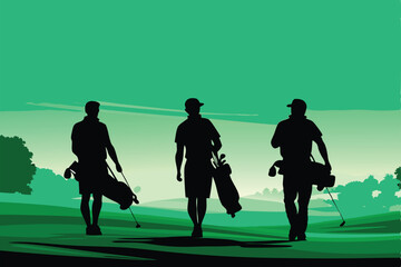 Silhouette of two golfers walking along a sunlit fairway, carrying golf bags, at sunset.  Focus on the contrasting light and shadow.