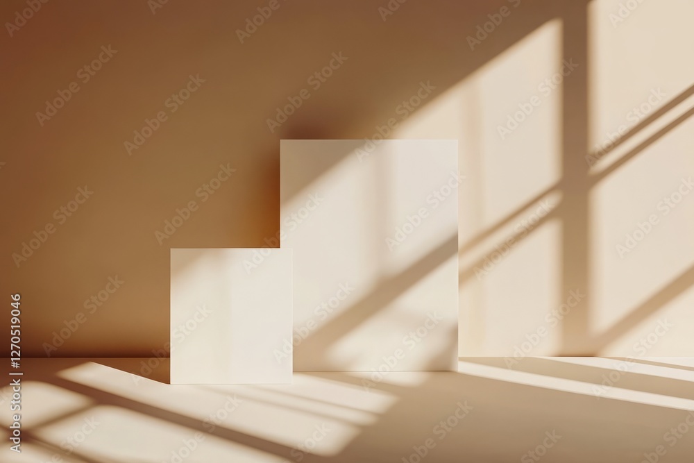 Poster minimalist background with geometric shapes in white and gold, creating geometric patterns and showc