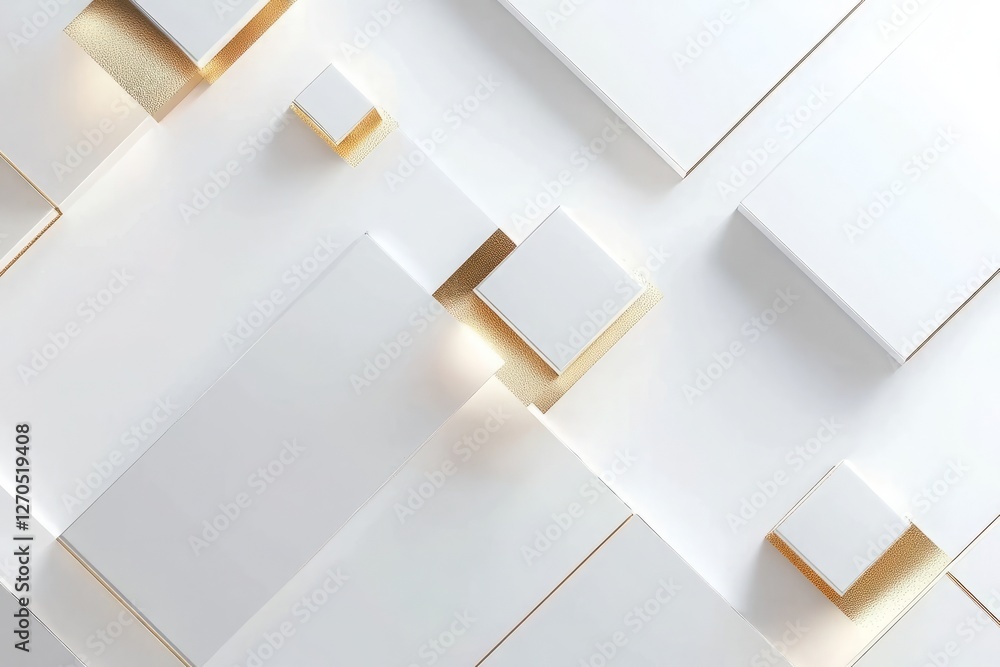 Poster minimalist background with geometric shapes in white and gold, creating geometric patterns and showc