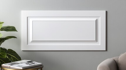 White wall panel mockup, living room, plant, magazines