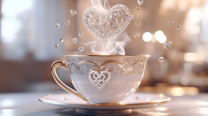Elegant porcelain teacup with golden heart design, emitting sparkling heart-shaped steam in romantic ambiance.