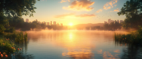 Fototapeta premium Sunrise Over City River With Foggy Banks