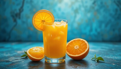 Glass of fresh orange juice with ripe oranges on a blue background