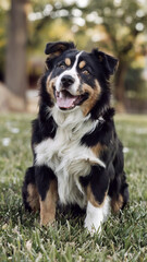 Fototapeta premium Happy Australian Shepherd Dog Sitting on Green Grass in Park